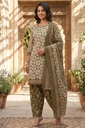 Green printed cotton blend stitched geometric print salwar kurta dupatta for women