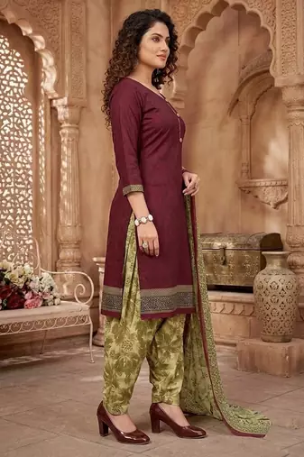 Red printed cotton blend stitched self design print salwar kurta dupatta for women