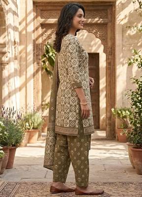 Green printed cotton blend stitched geometric print salwar kurta dupatta for women 2