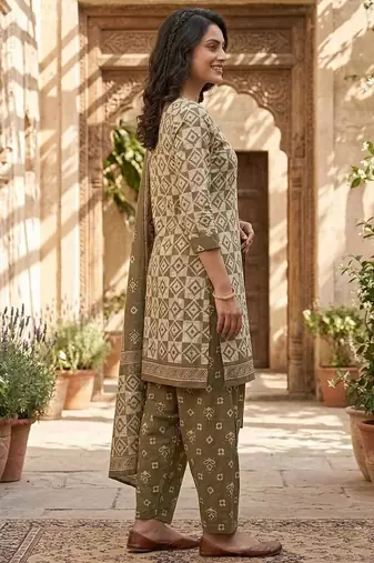 Green printed cotton blend stitched geometric print salwar kurta dupatta for women