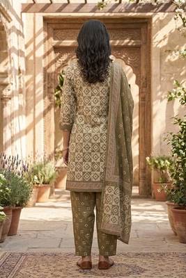 Green printed cotton blend stitched geometric print salwar kurta dupatta for women 3