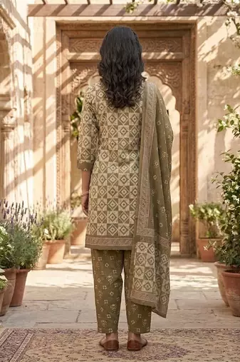 Green printed cotton blend stitched geometric print salwar kurta dupatta for women