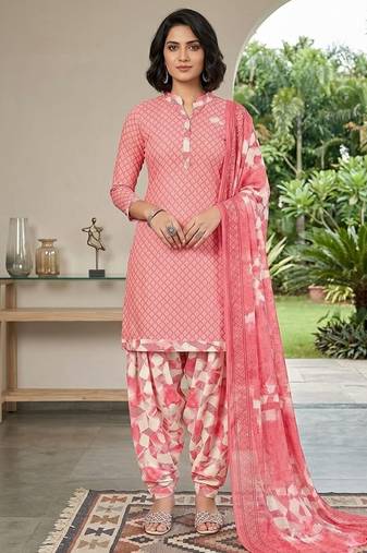 Pink printed cotton blend stitched geometric print salwar kurta dupatta for women