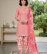 Pink printed cotton blend stitched geometric print salwar kurta dupatta for women