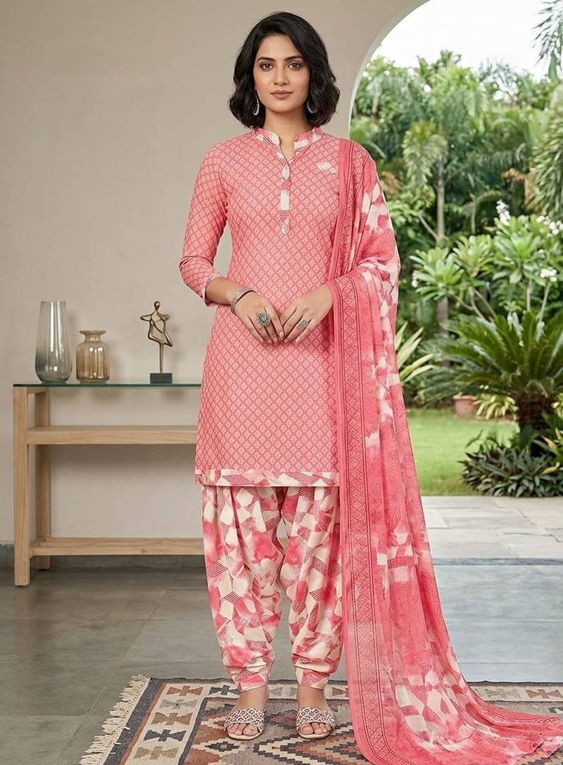 Pink printed cotton blend stitched geometric print salwar kurta dupatta for women