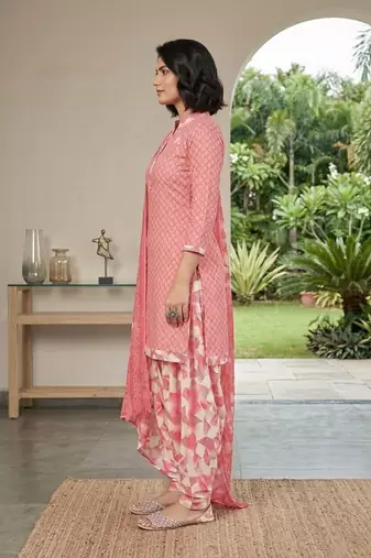 Pink printed cotton blend stitched geometric print salwar kurta dupatta for women
