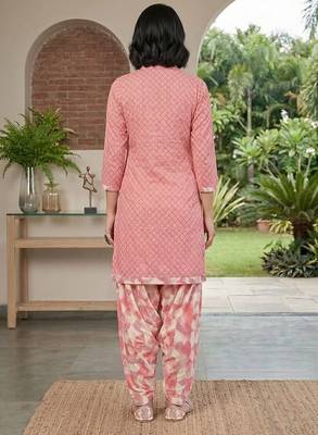 Pink printed cotton blend stitched geometric print salwar kurta dupatta for women 3