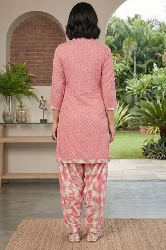 Pink printed cotton blend stitched geometric print salwar kurta dupatta for women