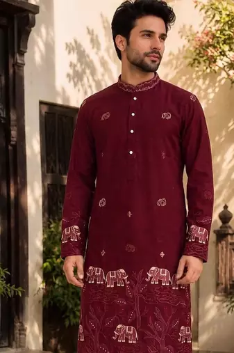 Maroon lachko embroidery party wear kurta and payjama