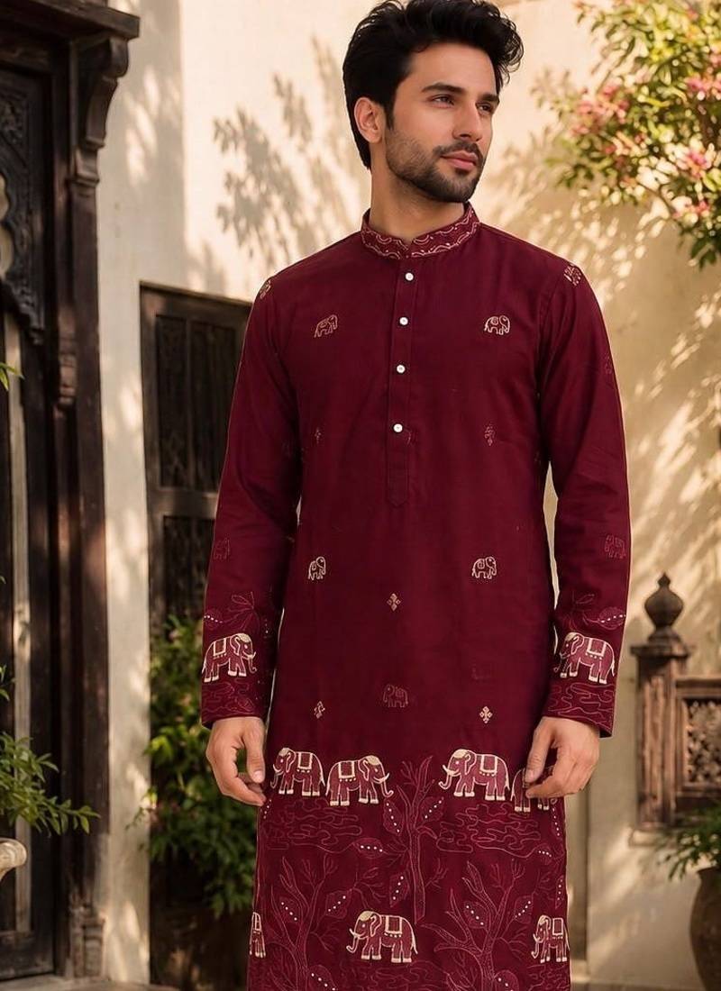 Maroon lachko embroidery party wear kurta and payjama