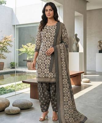 Grey printed cotton blend stitched geometric print salwar kurta dupatta for women 1