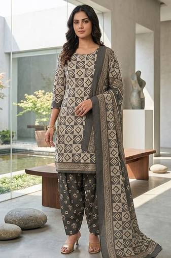 Grey printed cotton blend stitched geometric print salwar kurta dupatta for women