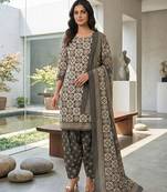 Grey printed cotton blend stitched geometric print salwar kurta dupatta for women