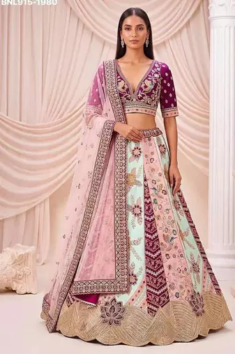 Multicolor silk blend embroidered designer bridal lehenga choli set