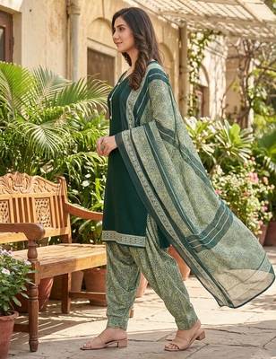 Green printed cotton blend stitched self design print salwar kurta dupatta for women 2