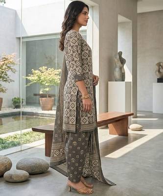 Grey printed cotton blend stitched geometric print salwar kurta dupatta for women 2
