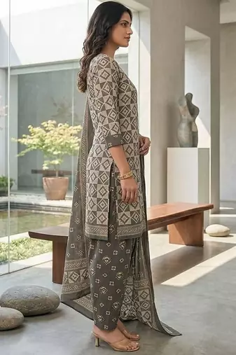 Grey printed cotton blend stitched geometric print salwar kurta dupatta for women