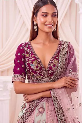 Multicolor silk blend embroidered designer bridal lehenga choli set