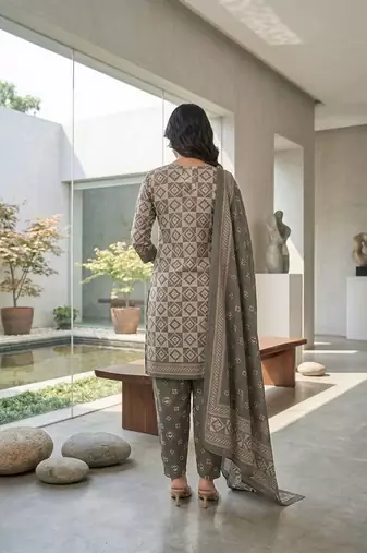Grey printed cotton blend stitched geometric print salwar kurta dupatta for women