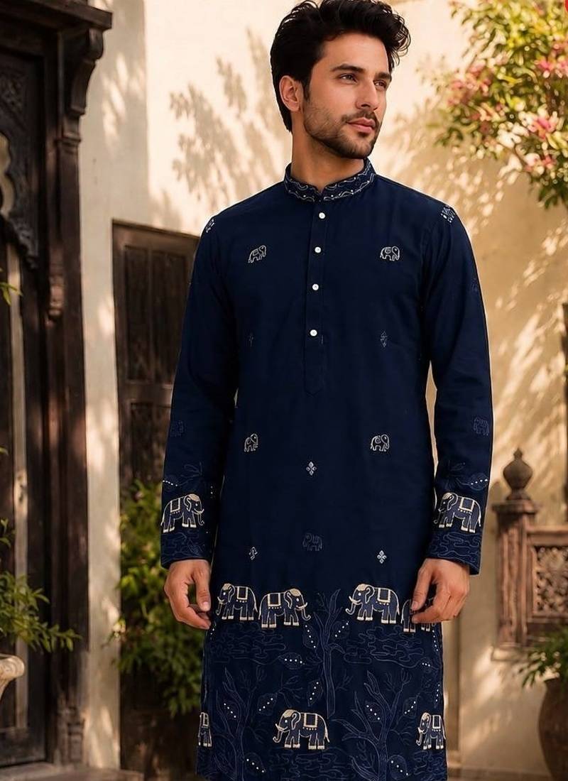 Blue lachko embroidery party wear kurta and payjama