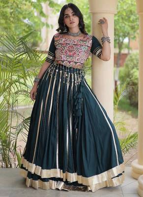 D Green Rayon Readymade Navratri Lehenga Choli with Mirror & Embroidery Work 1