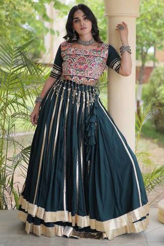 D Green Rayon Readymade Navratri Lehenga Choli with Mirror & Embroidery Work