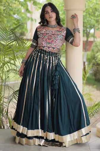 D Green Rayon Readymade Navratri Lehenga Choli with Mirror & Embroidery Work