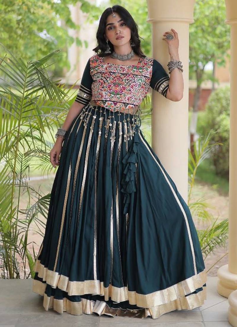 D Green Rayon Readymade Navratri Lehenga Choli with Mirror & Embroidery Work