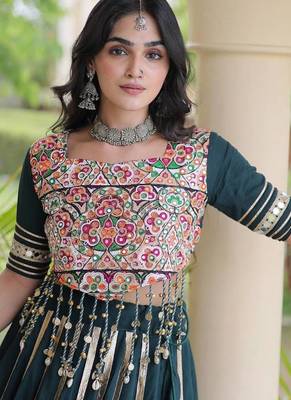 D Green Rayon Readymade Navratri Lehenga Choli with Mirror & Embroidery Work 2