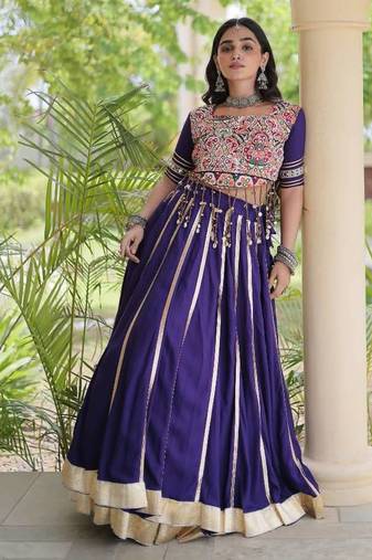 Violet Rayon Readymade Navratri Lehenga Choli with Mirror & Embroidery Work