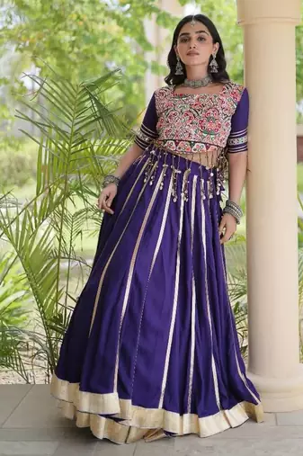 Violet Rayon Readymade Navratri Lehenga Choli with Mirror & Embroidery Work