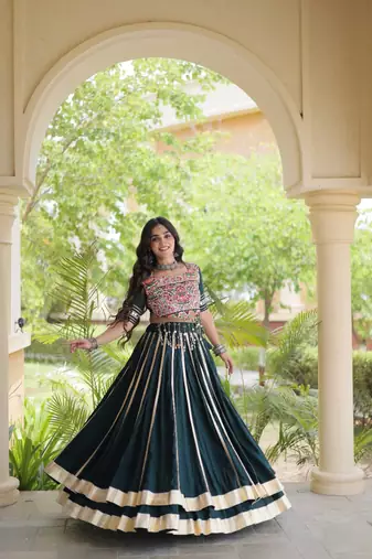 D Green Rayon Readymade Navratri Lehenga Choli with Mirror & Embroidery Work