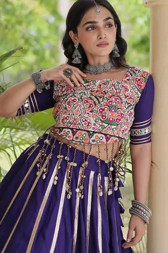 Violet Rayon Readymade Navratri Lehenga Choli with Mirror & Embroidery Work