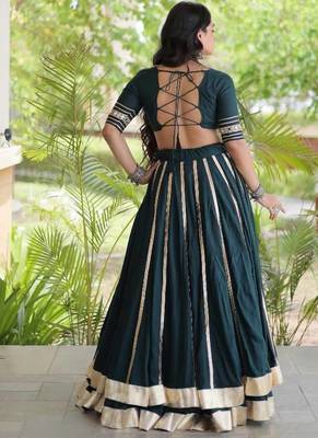 D Green Rayon Readymade Navratri Lehenga Choli with Mirror & Embroidery Work 4