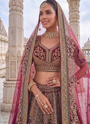 Rani pink velvet embroidered heavy royal bridal lehenga choli set 2