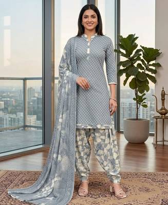 Grey printed cotton blend stitched geometric print salwar kurta dupatta for women 1