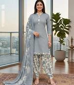 Grey printed cotton blend stitched geometric print salwar kurta dupatta for women