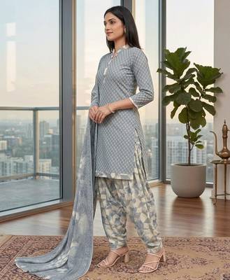 Grey printed cotton blend stitched geometric print salwar kurta dupatta for women 2