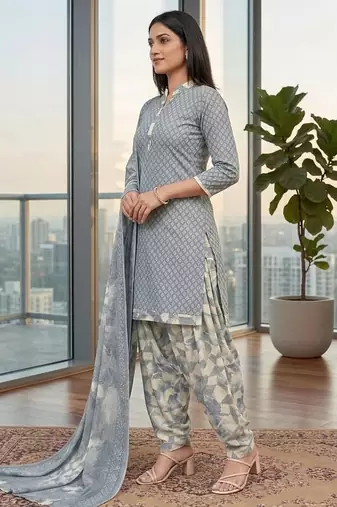 Grey printed cotton blend stitched geometric print salwar kurta dupatta for women