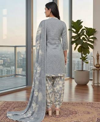 Grey printed cotton blend stitched geometric print salwar kurta dupatta for women 3