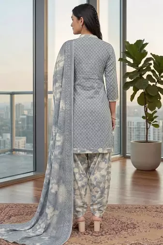 Grey printed cotton blend stitched geometric print salwar kurta dupatta for women