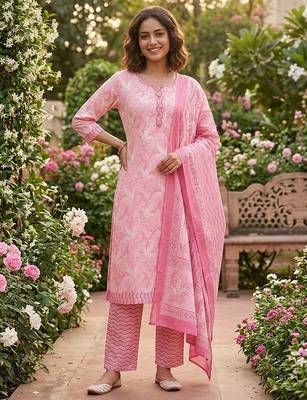 Pink printed cotton blend stitched floral print salwar kurta dupatta for women 1