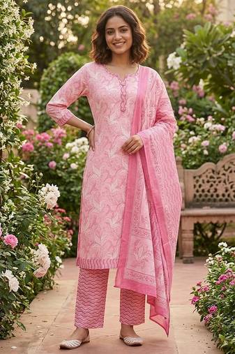 Pink printed cotton blend stitched floral print salwar kurta dupatta for women