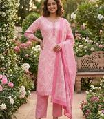 Pink printed cotton blend stitched floral print salwar kurta dupatta for women