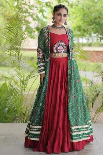 Maroon Rayon Readymade Navratri Lehenga Choli with Kutchi Patchwork