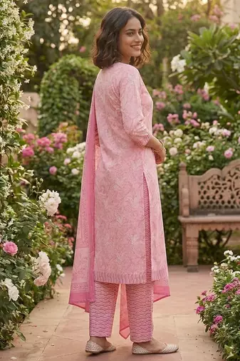 Pink printed cotton blend stitched floral print salwar kurta dupatta for women