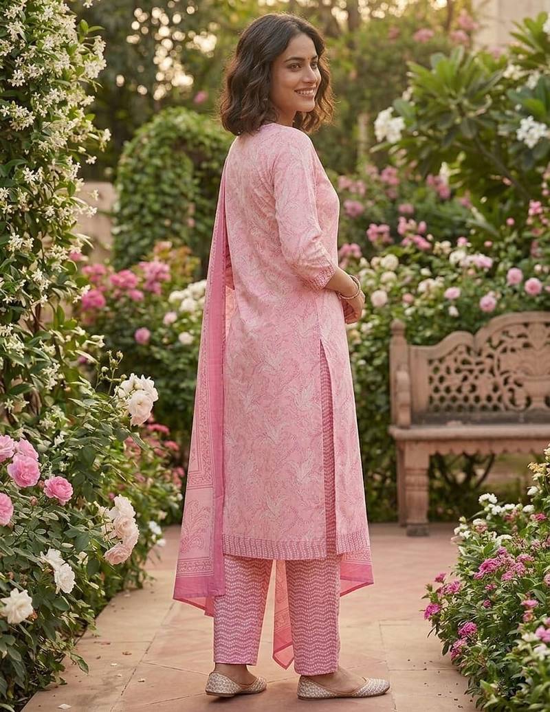 Pink printed cotton blend stitched floral print salwar kurta dupatta for women