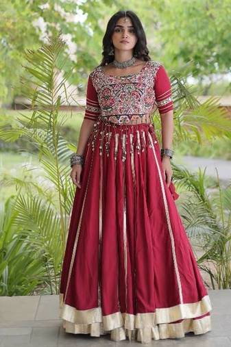 Maroon Rayon Readymade Navratri Lehenga Choli with Mirror & Embroidery Work