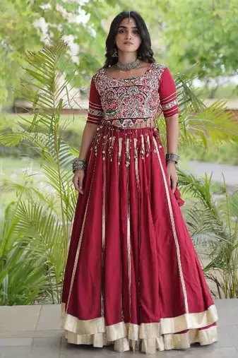 Maroon Rayon Readymade Navratri Lehenga Choli with Mirror & Embroidery Work