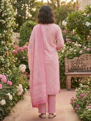 Pink printed cotton blend stitched floral print salwar kurta dupatta for women 3